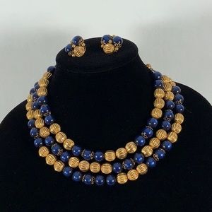 Vintage Bead Necklace Sapphire Blue Moon Glow and Gold - Clip Cluster Earrings